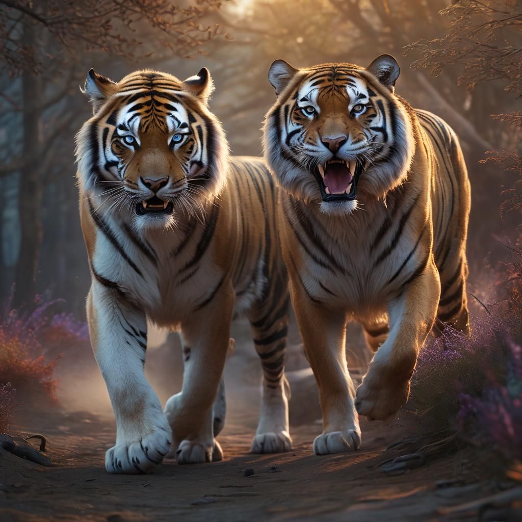 Tiger and Wolf Touching Noses at Sunset