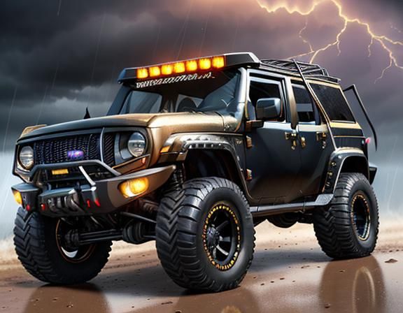 Sci-Fi Jeep Races Through Stormy Woodland as 3D Art