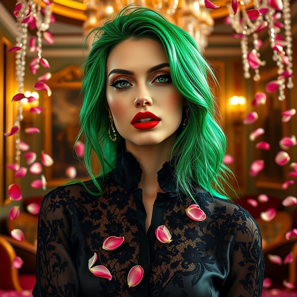 Stylish Woman in Opulent Setting with Vibrant Hair and Intri...
