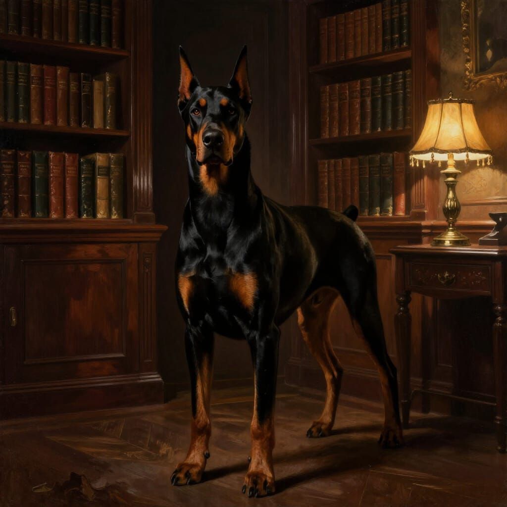Majestic Doberman Guarding Opulent Study in Chiaroscuro Styl...