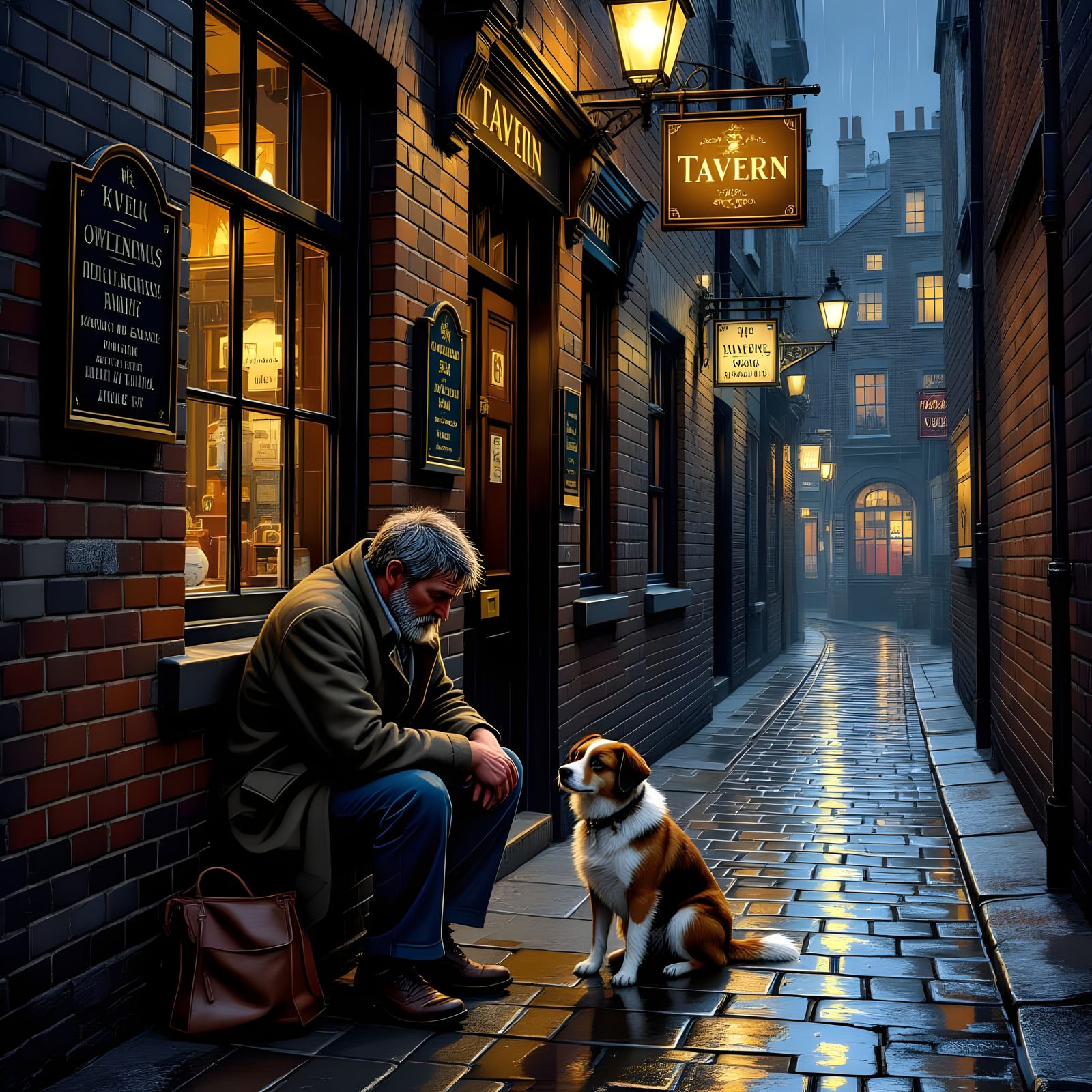 Man Begging in Rainy London Alleyway Oil Painting
