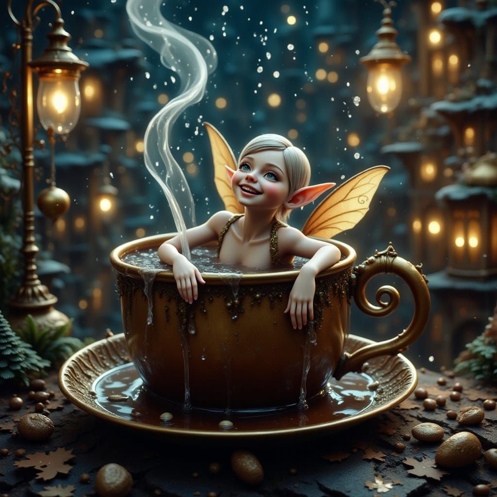 sweet elf swimming in a huge coffee mug with steam flowing o...