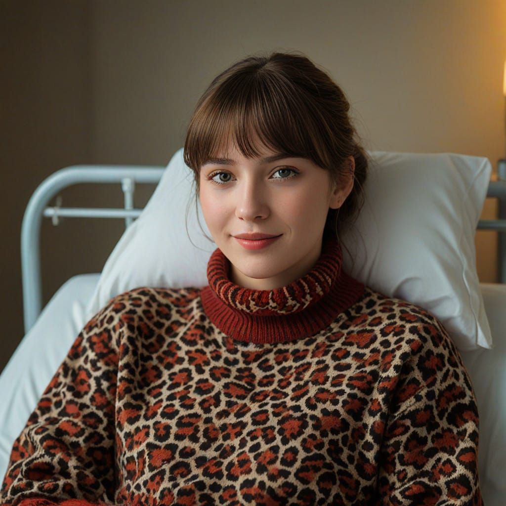 Girl in Hospital Bed with Bright Smile and Leopard Print Swe...