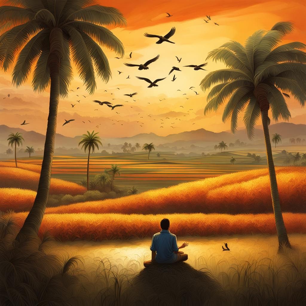 Man Under Palm Tree at Sunset