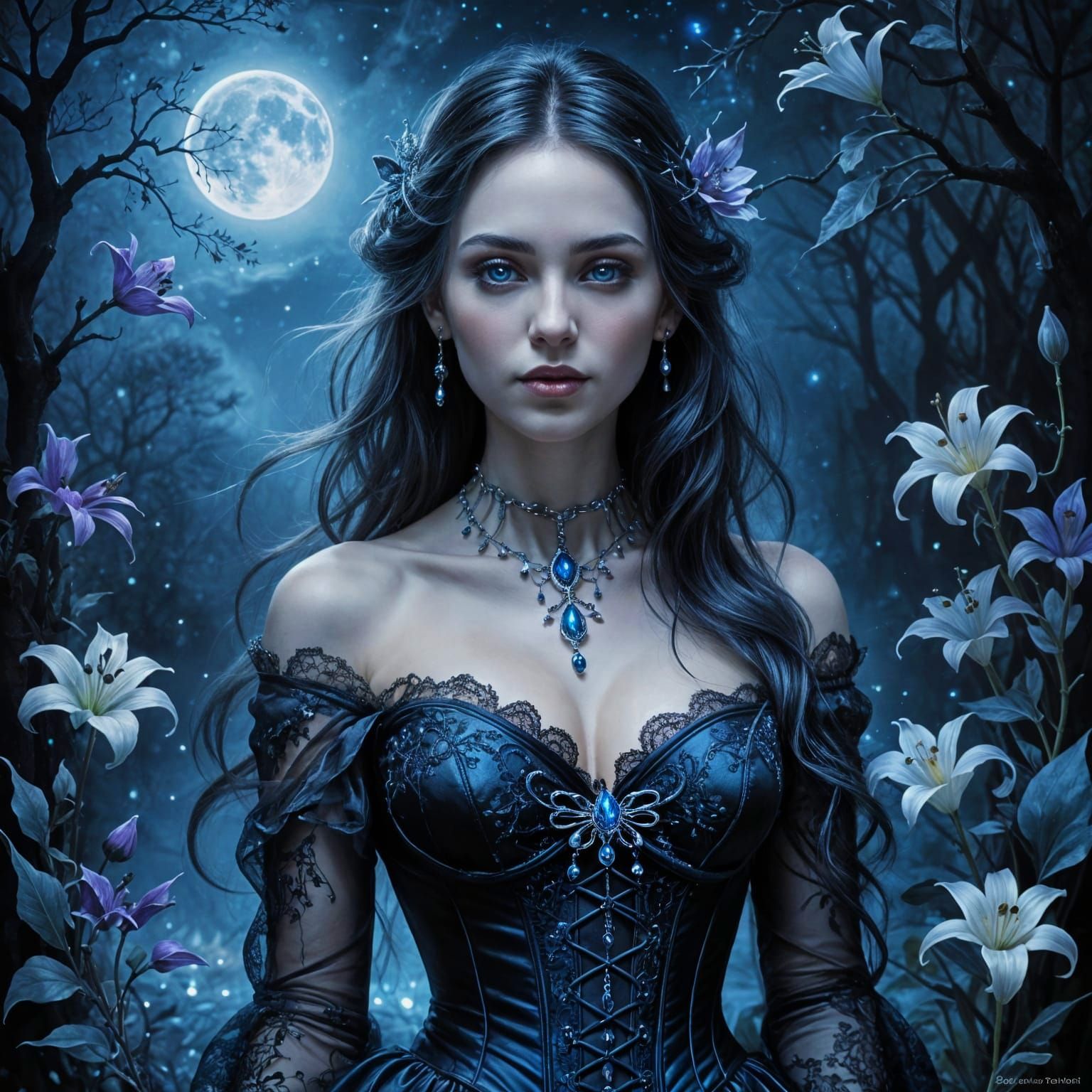 Surreal Woman Under Silver Moonlight in Gothic Style
