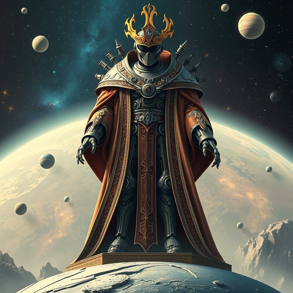 Cosmic Metallic Pope Ascends in Syd Mead Inspired Futurism