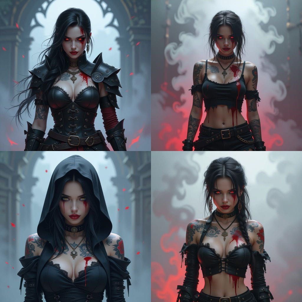 Hyperdetailed Portrait of Bloody Tattooed Girl in Dark Fanta...