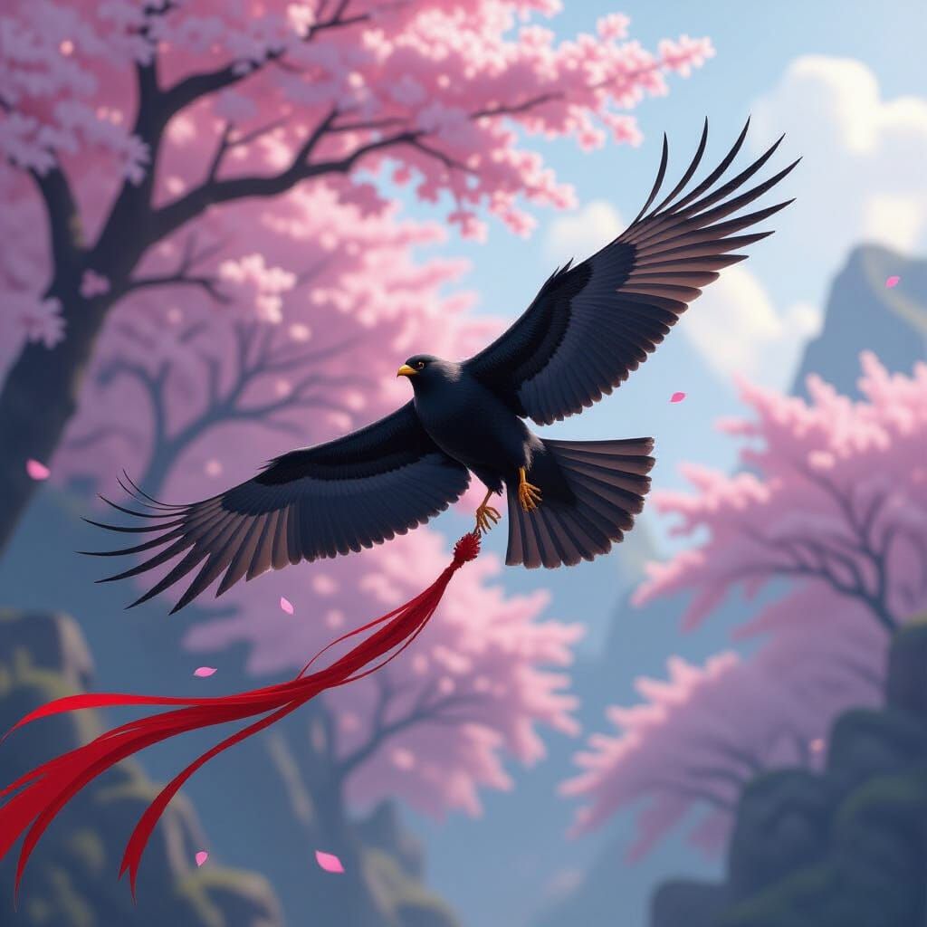 Black Bird Carries Crimson Thread of Fate Amidst Sakura Tree...