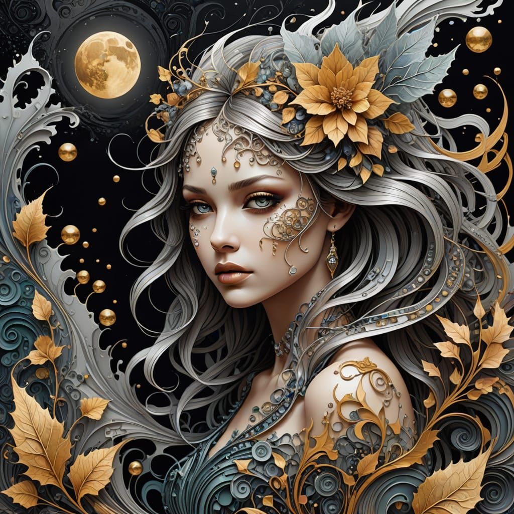 A fairy's delicate, ethereal features emerge from a muted, silver-toned dreamscape, her skin, ornate jewelry, and surrou...