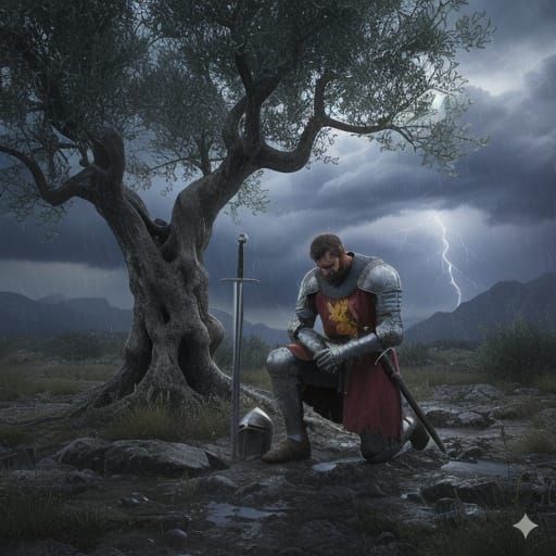 Medieval Knight Kneels Under Olive Tree as Storm Gathers