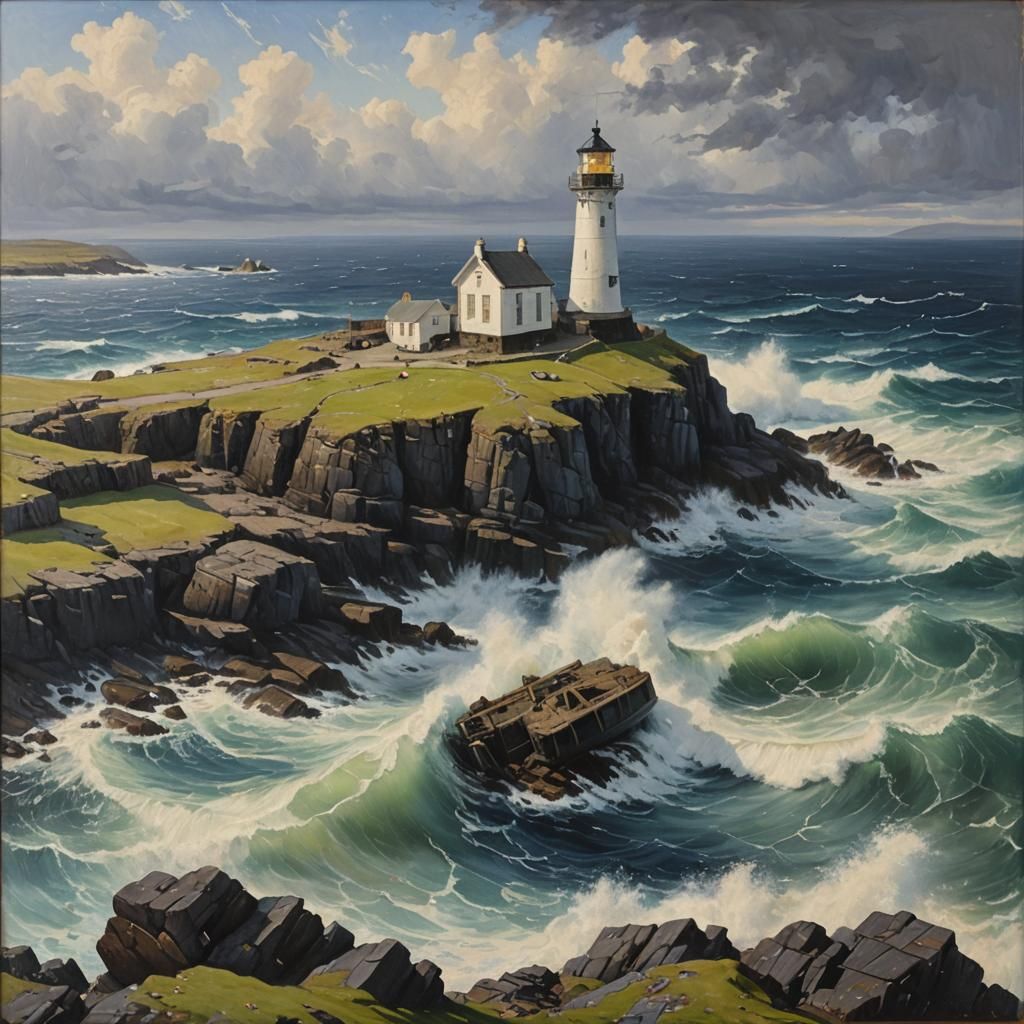 Shetland Lighthouse and Shipwreck as Oil Painting
