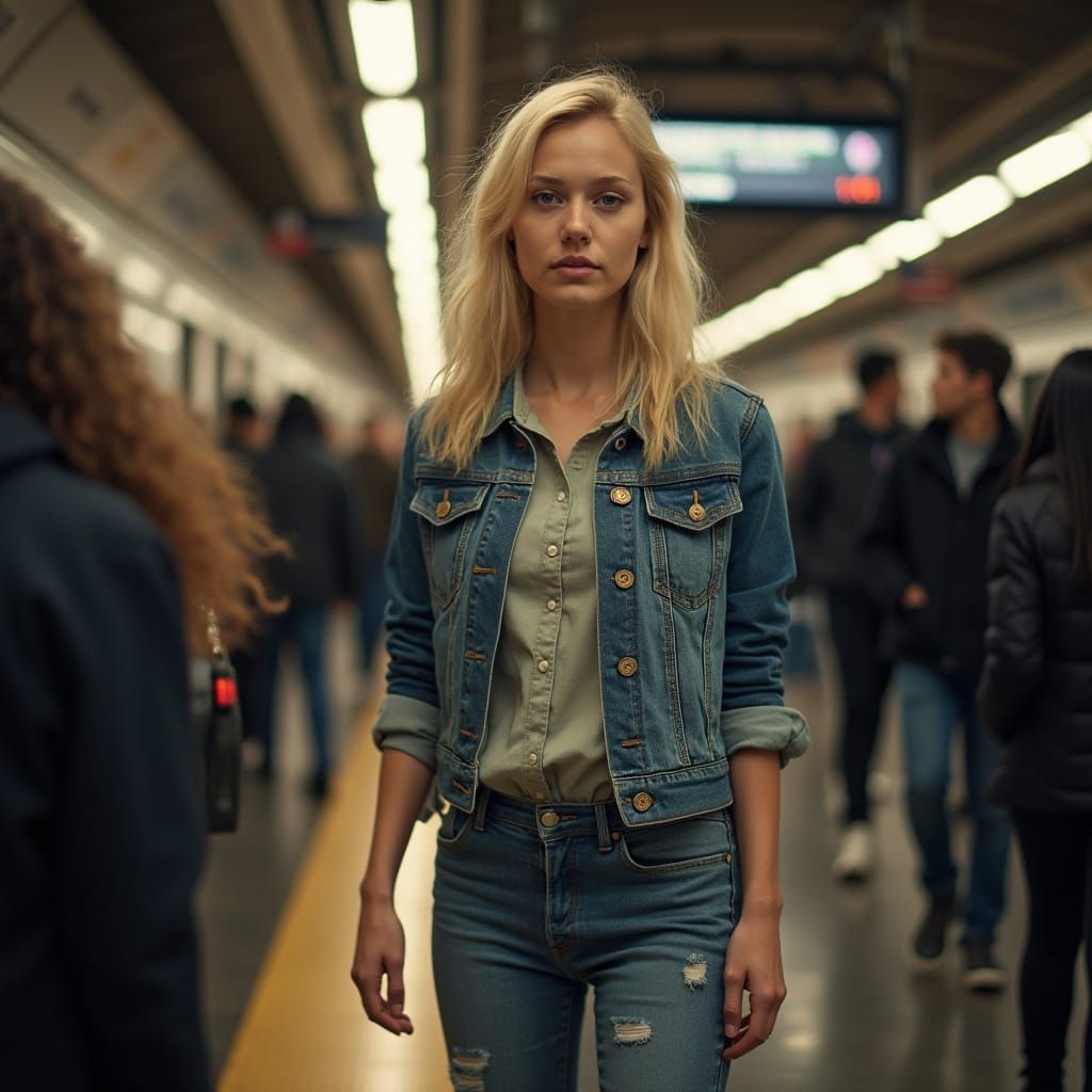 American Woman on Subway Platform, Hyperrealistic Photo