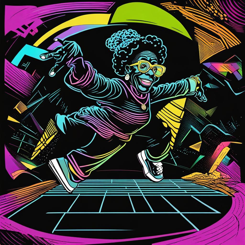 Neon Disney Grandma Breakdancing on Black Paper