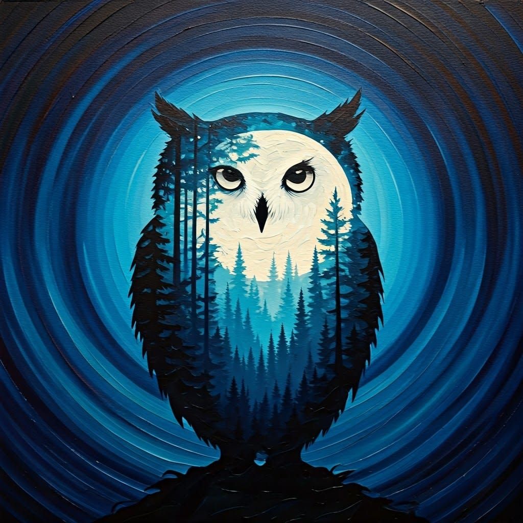 Owl Silhouette with Forest, Moon, and Stars: Expressionist I...