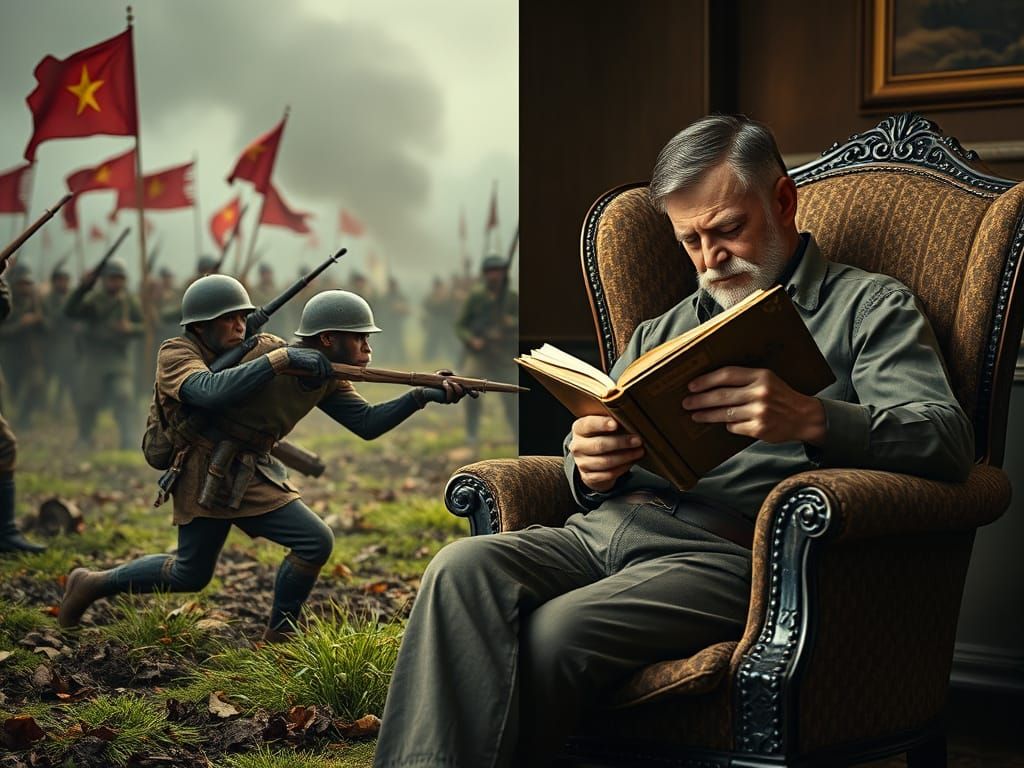 Contrasting Scenes: Monkey Soldier and Reading Man