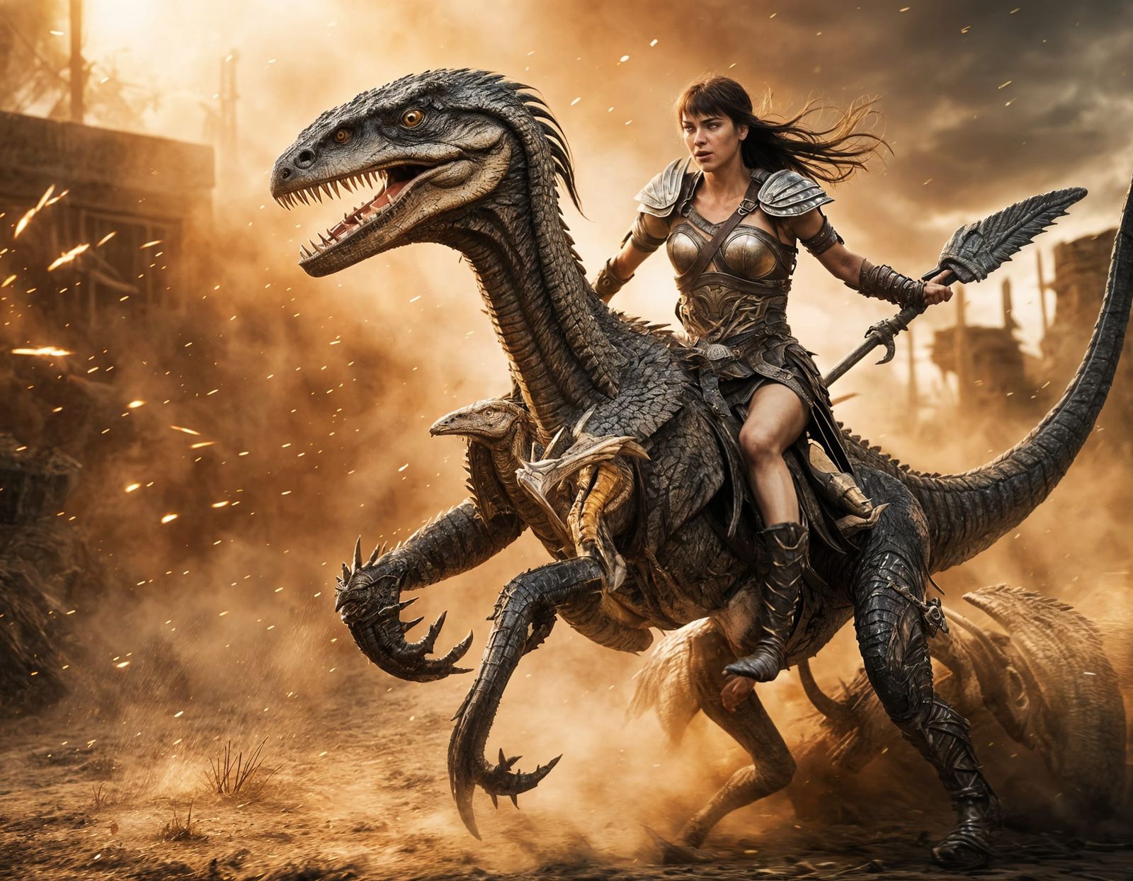 Epic Warrior Woman on Velociraptor in Ancient Battle