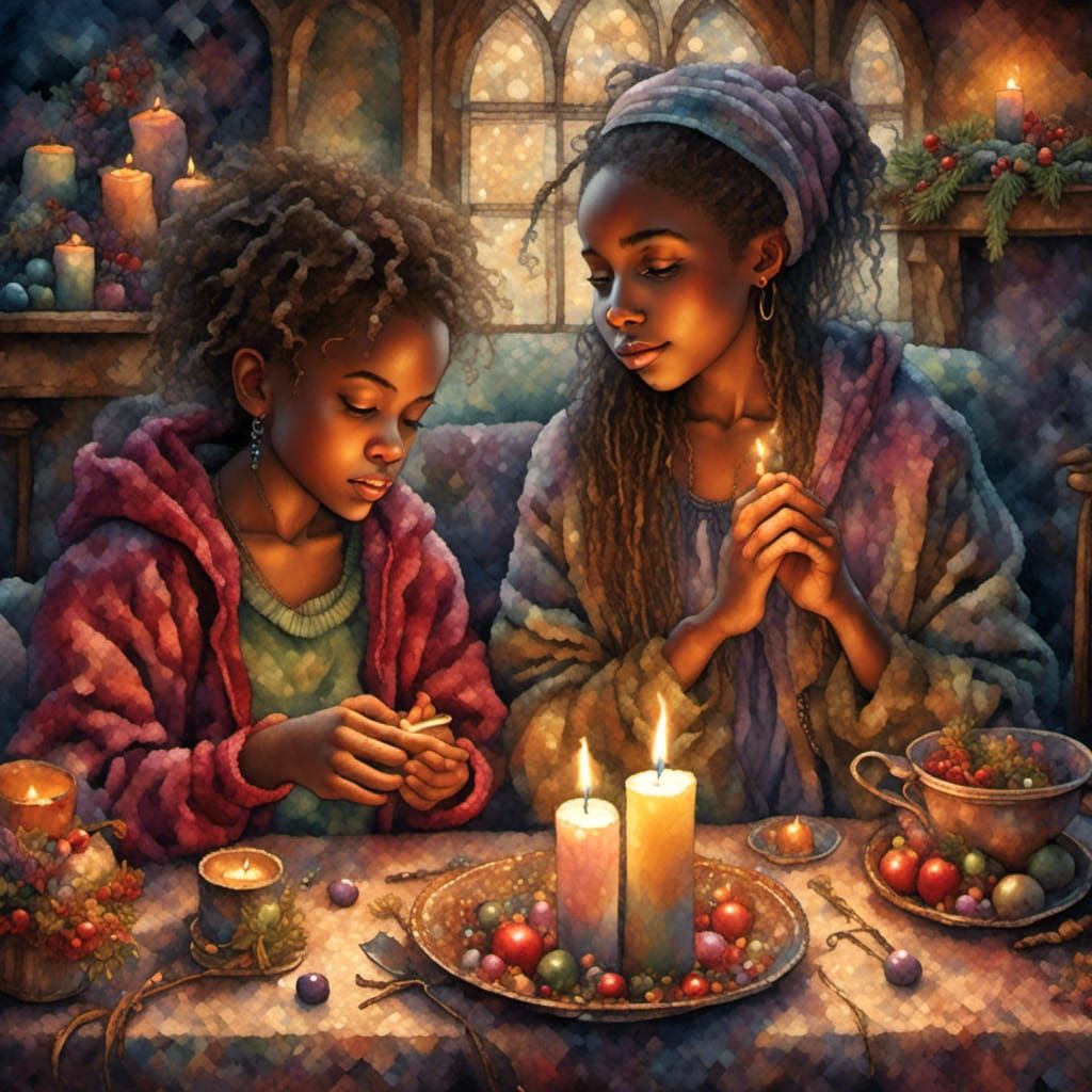 Teenagers by Christmas Candles in Tapestry Style