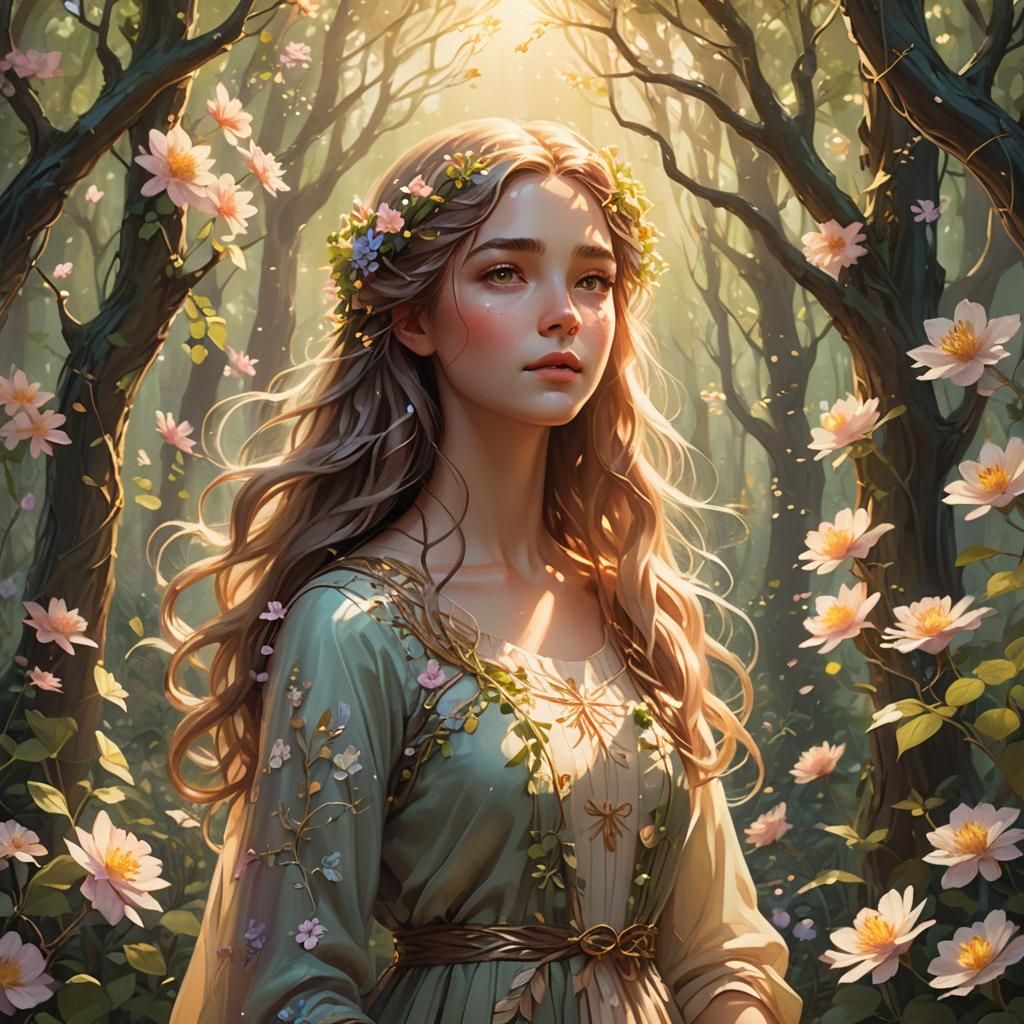 Girl in Forest with Ethereal Aura, Impressionist Style