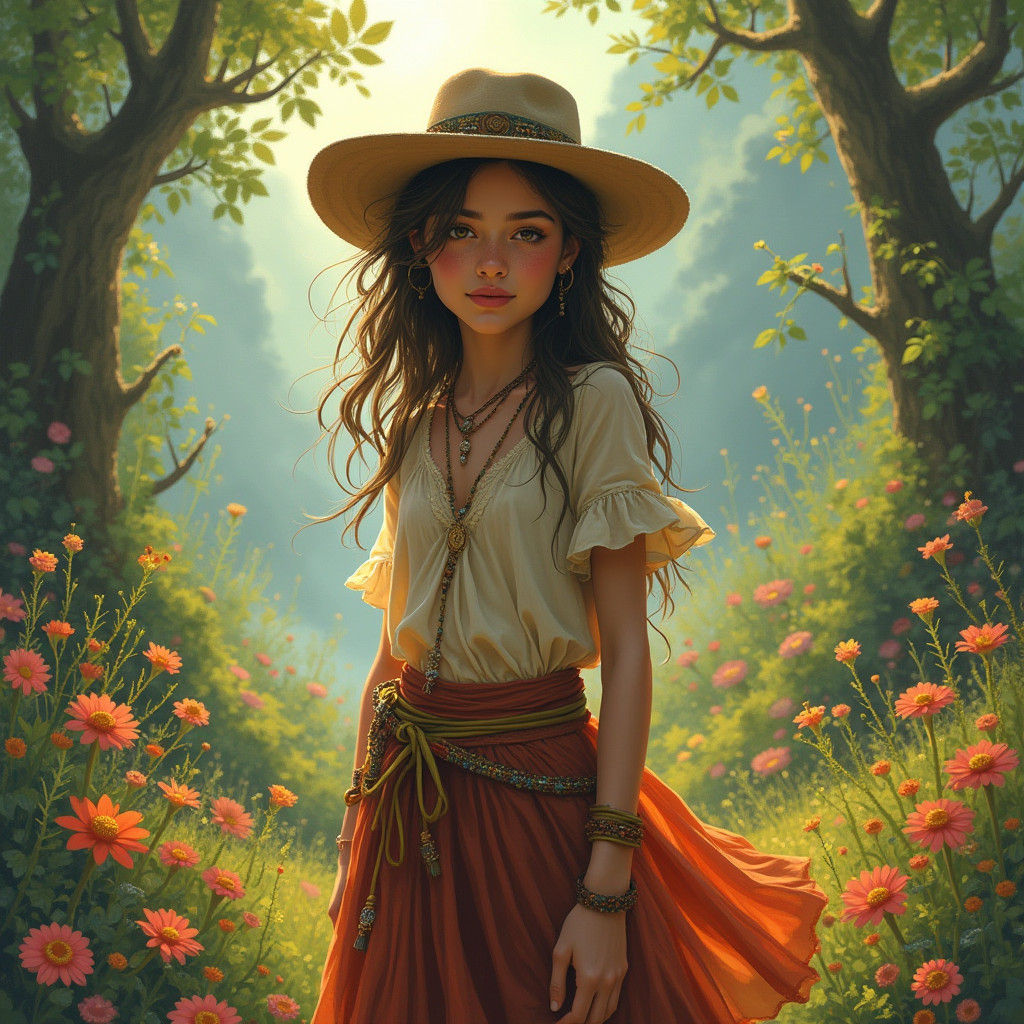 Bohemian Woman in Dreamscape, Impasto Style