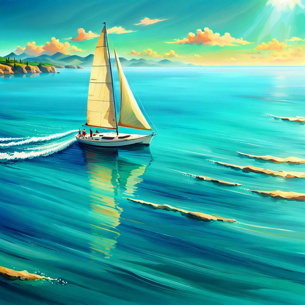 Yacht Sailing on Calm Ocean in Dufy Style