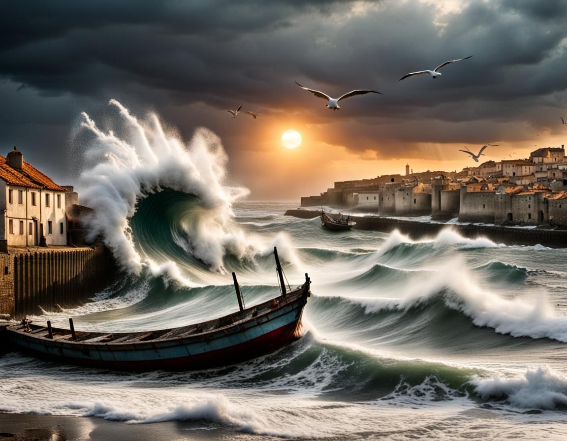 Tsunami Devastates Medieval Port at Sunset