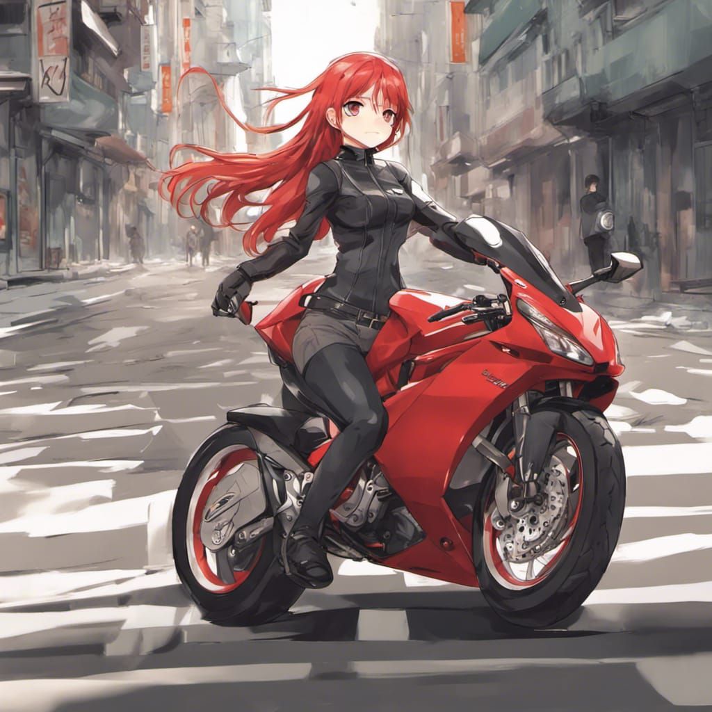 Red-Haired Girl on Superbike: Anime-Style Art