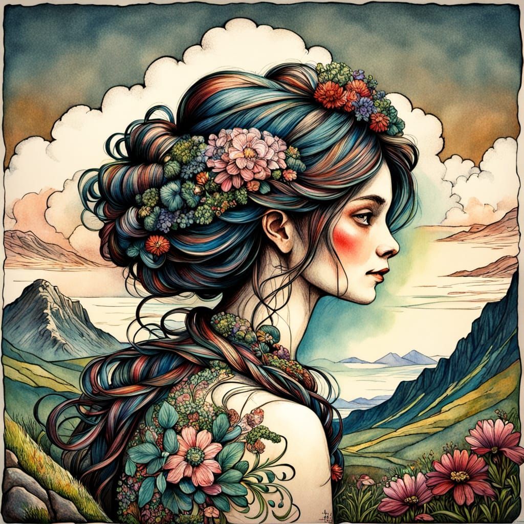 Irish Landscape Painting with Ancient Cottage and Mountain