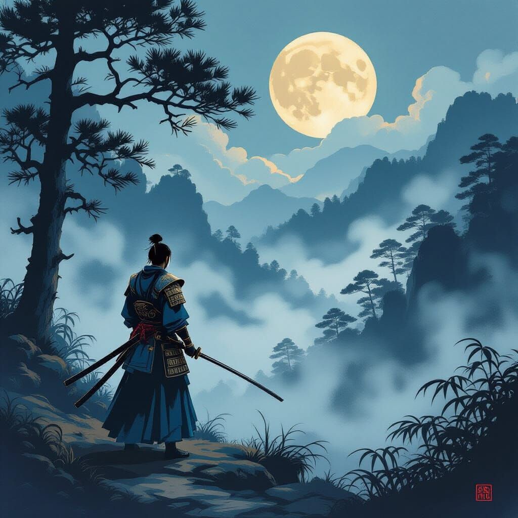 Samurai in Misty Forest, Ukiyo-e Woodblock Print Style