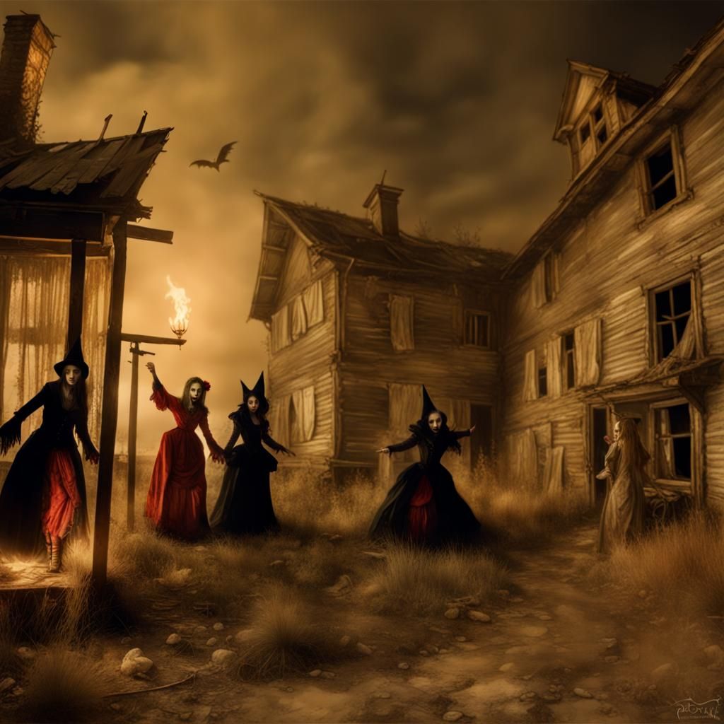 Festive Ghoul Party in Abandoned Village, High Resolution