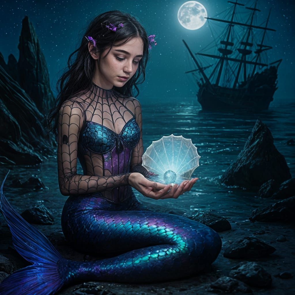 Spider-Mermaid Hybrid by Moonlit Sea