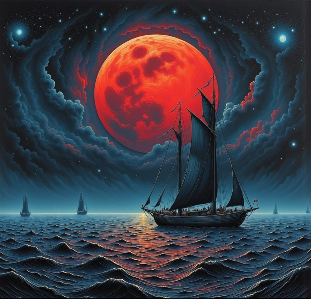 Pirate Ship Sailing Under a Blood Moon