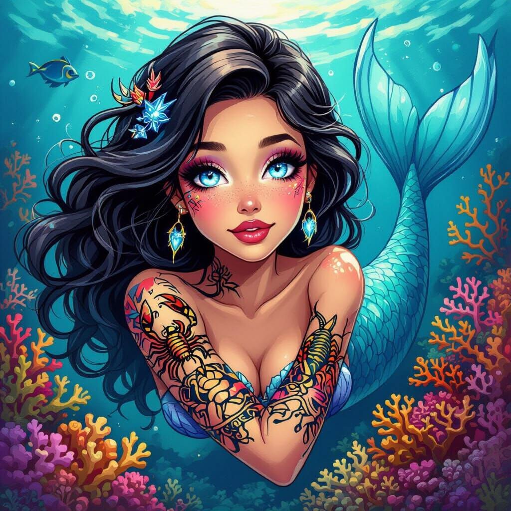 Mermaid with Scorpion Tattoo and Glowing Eyes in Neo-Traditi...