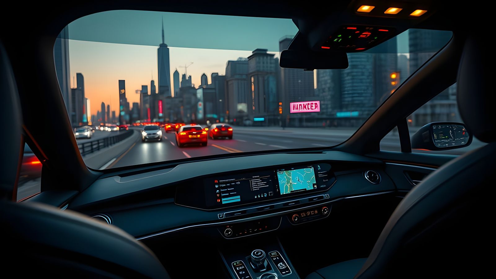 Futuristic Car Dashboard View of City Road