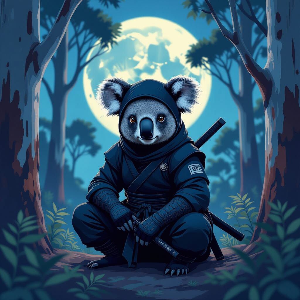 Ninja Koala in Moonlit Trees