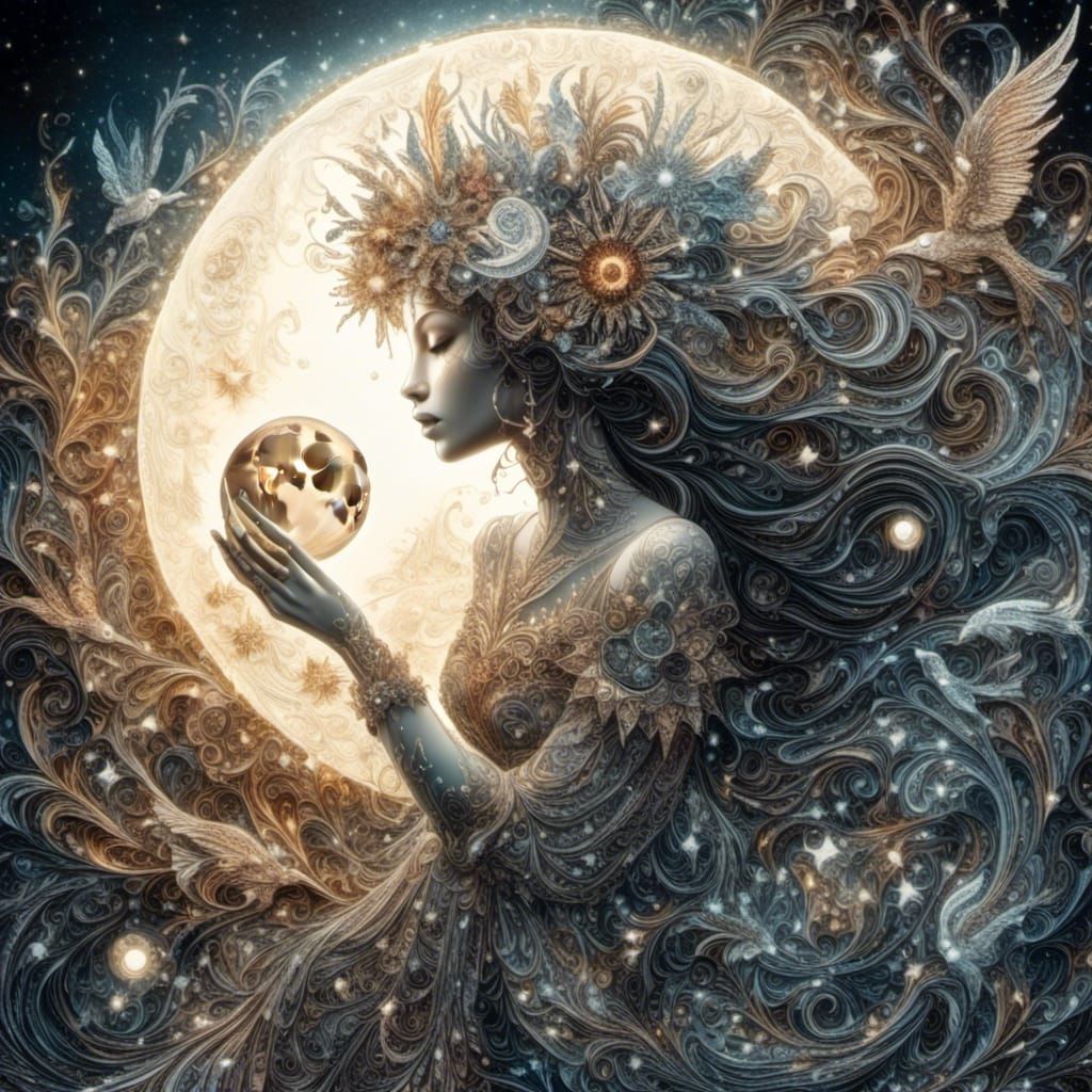 Earth Queen Holding Sun and Moon: Intricate Digital Art