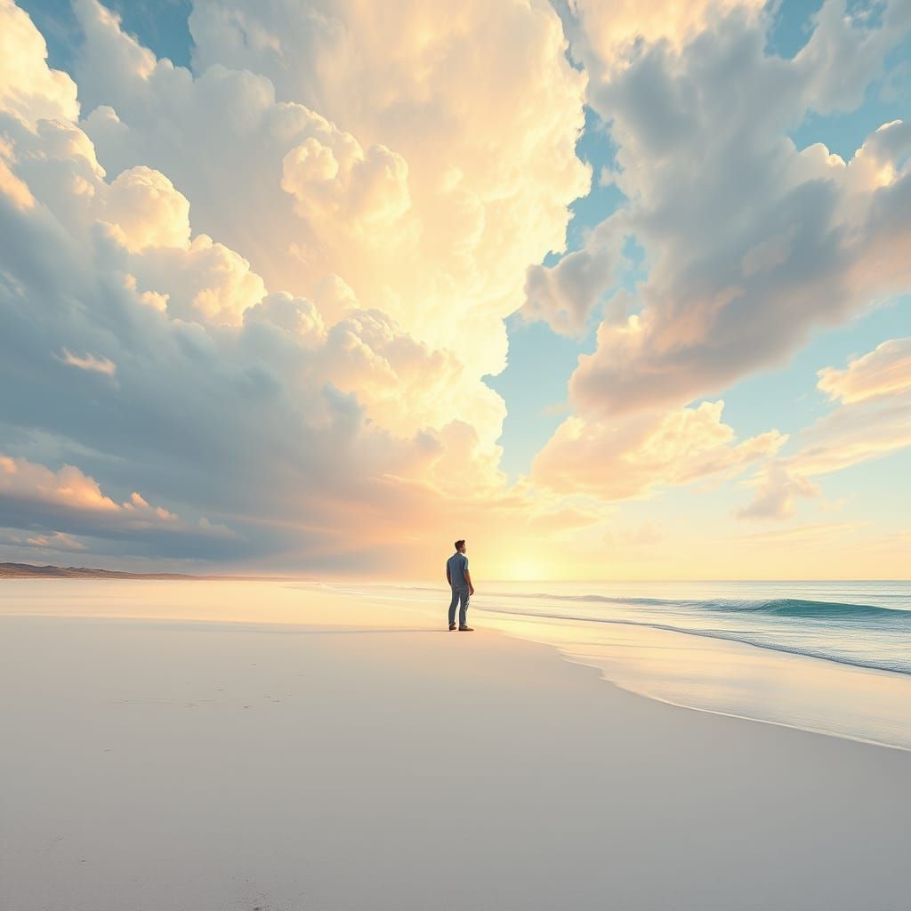 Serenely Standing Figure on a Dreamy Beach at Sunset