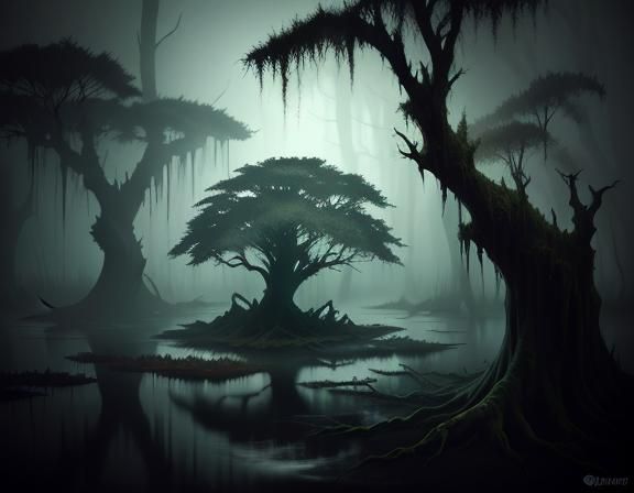 Bullywug in Misty Swamp: Dark Fantasy Art