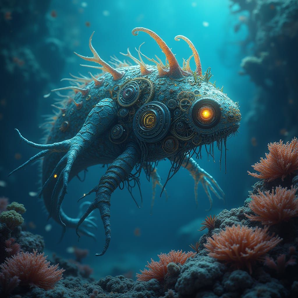 Bioluminescent Steampunk Creature in Alien Coral Reef