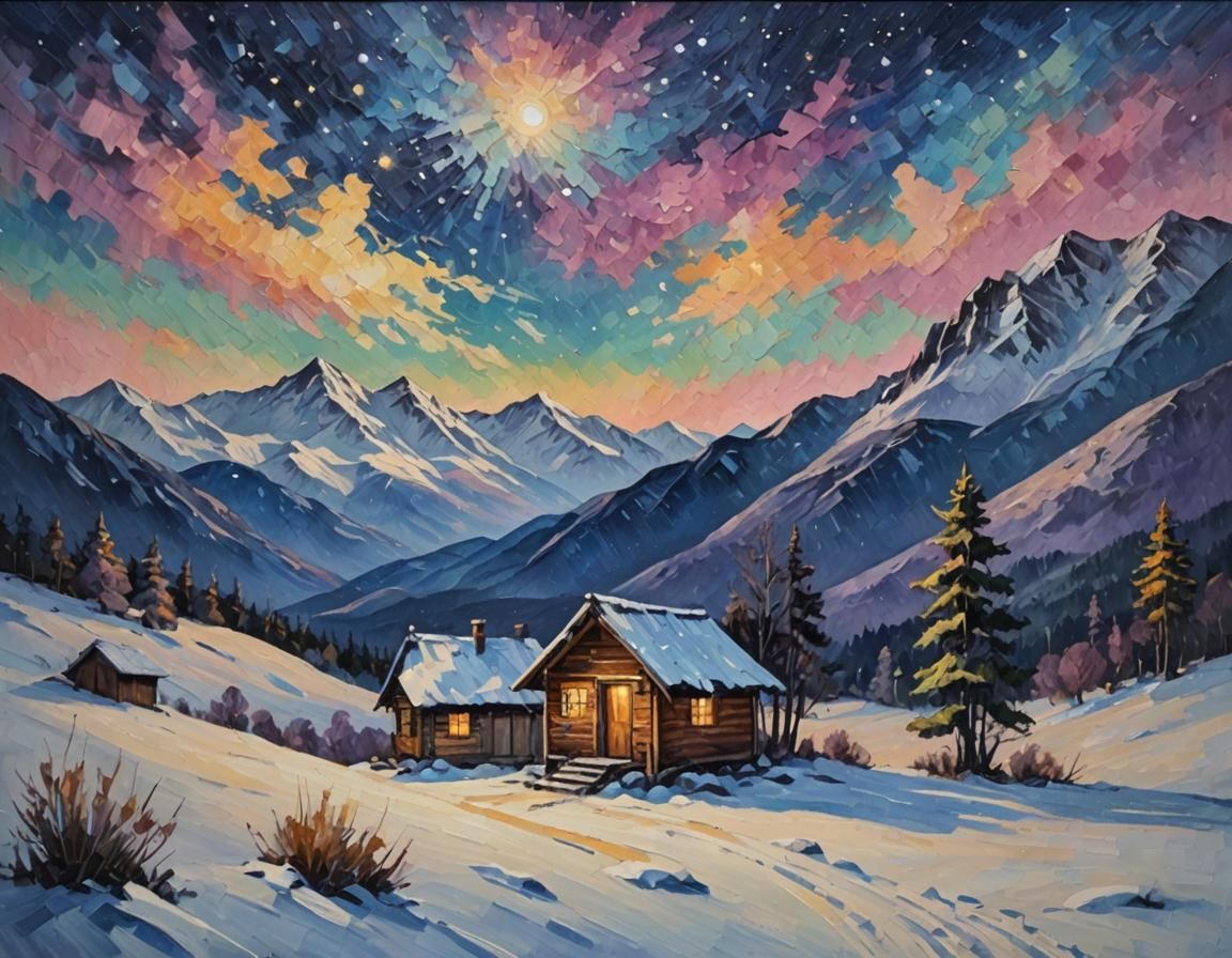 Starry Sky Over Icy Mountain Hut as Impasto