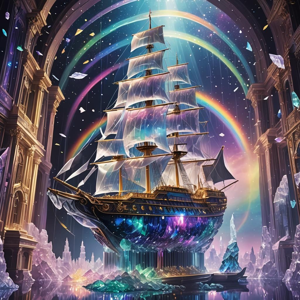 Crystal Rainbow Ship Soaring Above Glass Palace