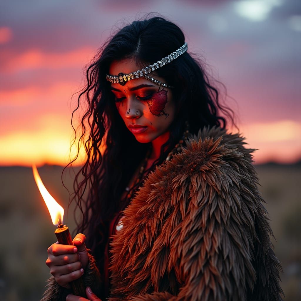 Aboriginal Woman with Torch Under Colorful Sky