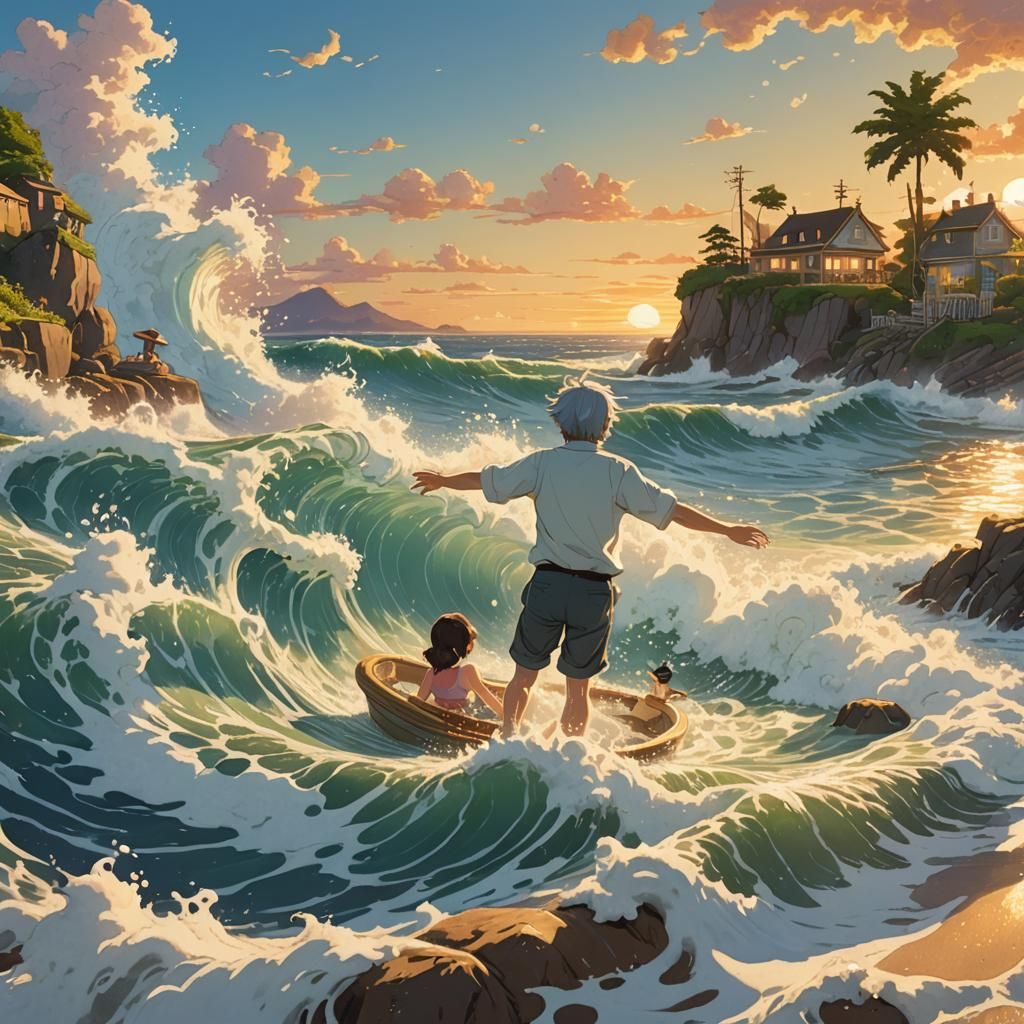 Humorous Person Sailing in Bathtub, Miyazaki Style