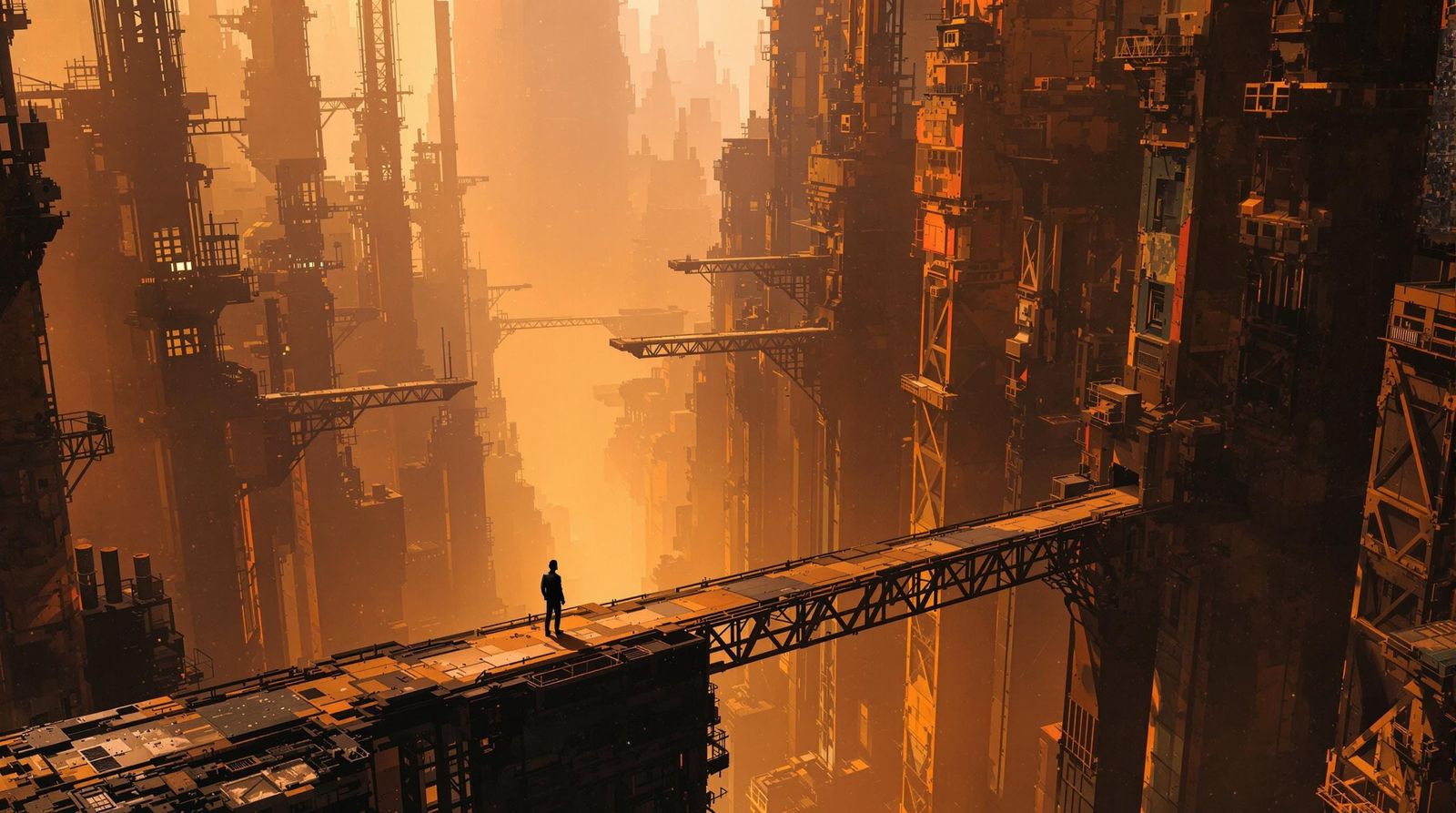 Futuristic Cityscape Silhouette in Warm Orange Glow