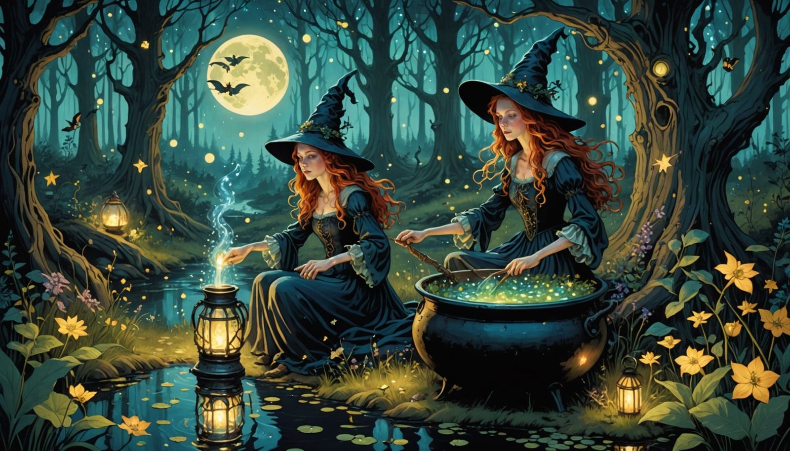Whimsical Witch in Moonlight Forest, Art Nouveau Fantasy