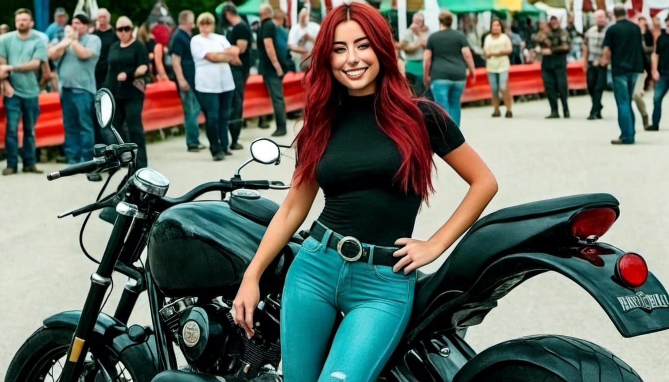 Beautiful redhead standing in front of a Harley Davidson Mot...
