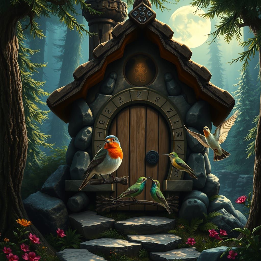 Birds Gather at Dwarven Mines Birdhouse in Moonlight