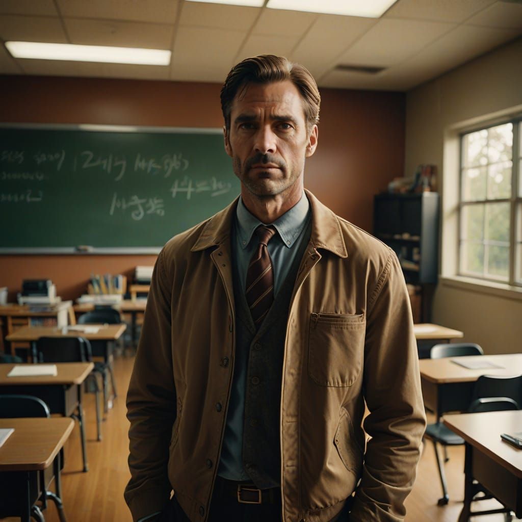 Hyperrealistic Portrait of American Male Teacher in Classroo...