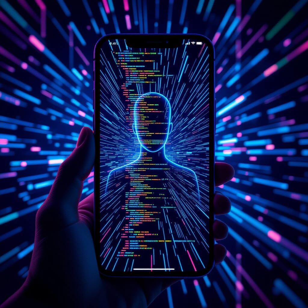 Smartphone Code Screen with Ethereal Human Silhouette