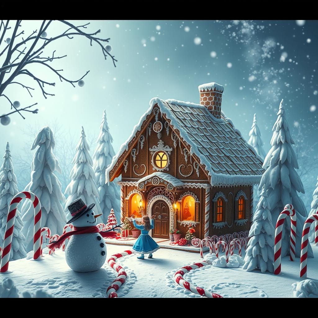 Gingerbread House in Winter Wonderland with Dancing Snowman