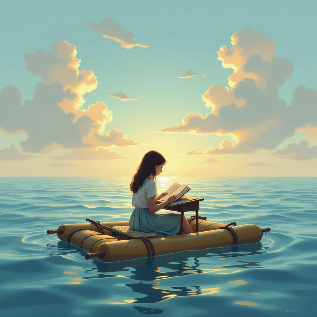 Surrealist Girl Reads on Raft in Vast Ocean